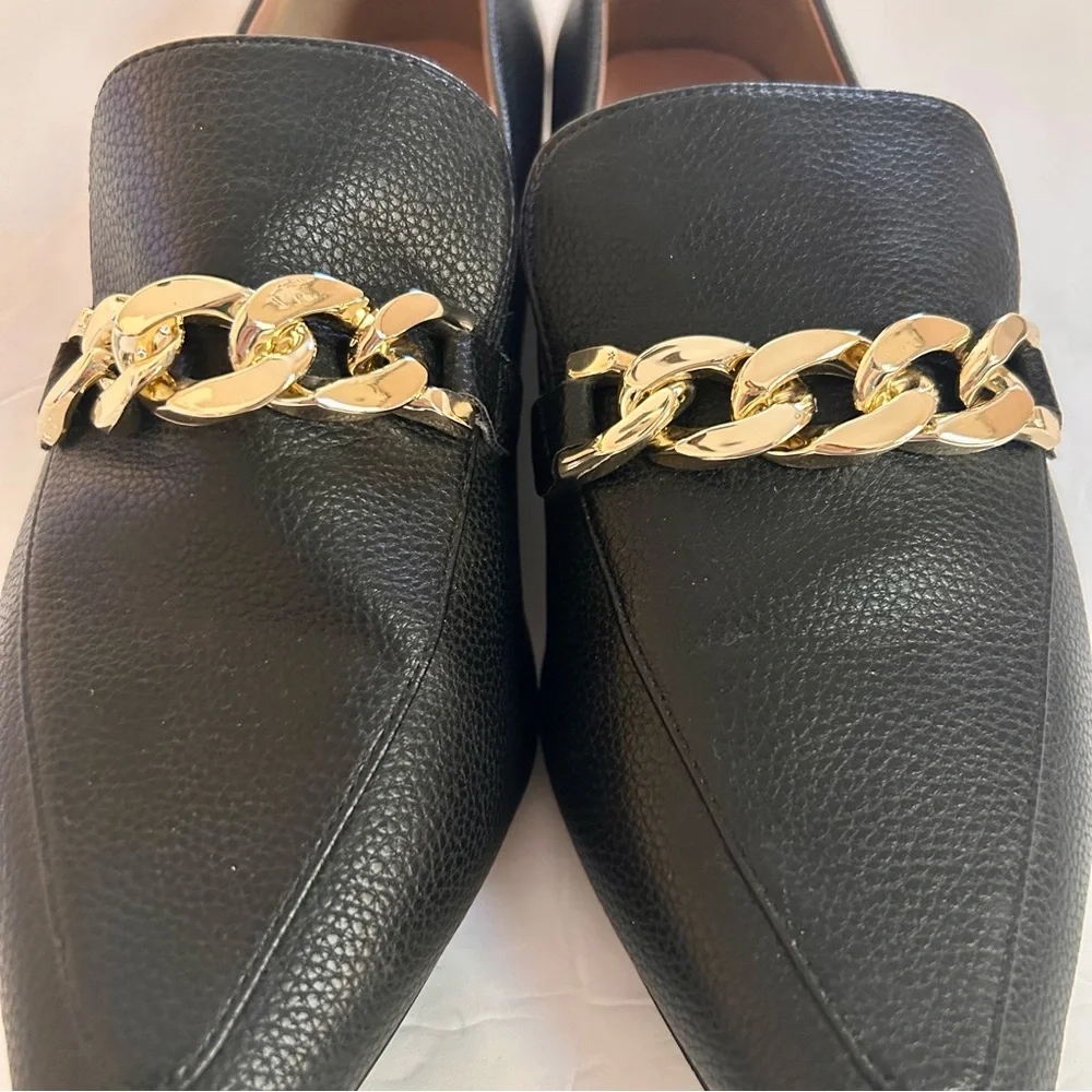 Paolo Black Loafers with Pointed Toe and Gold Chain Classic Work Attire Size 10